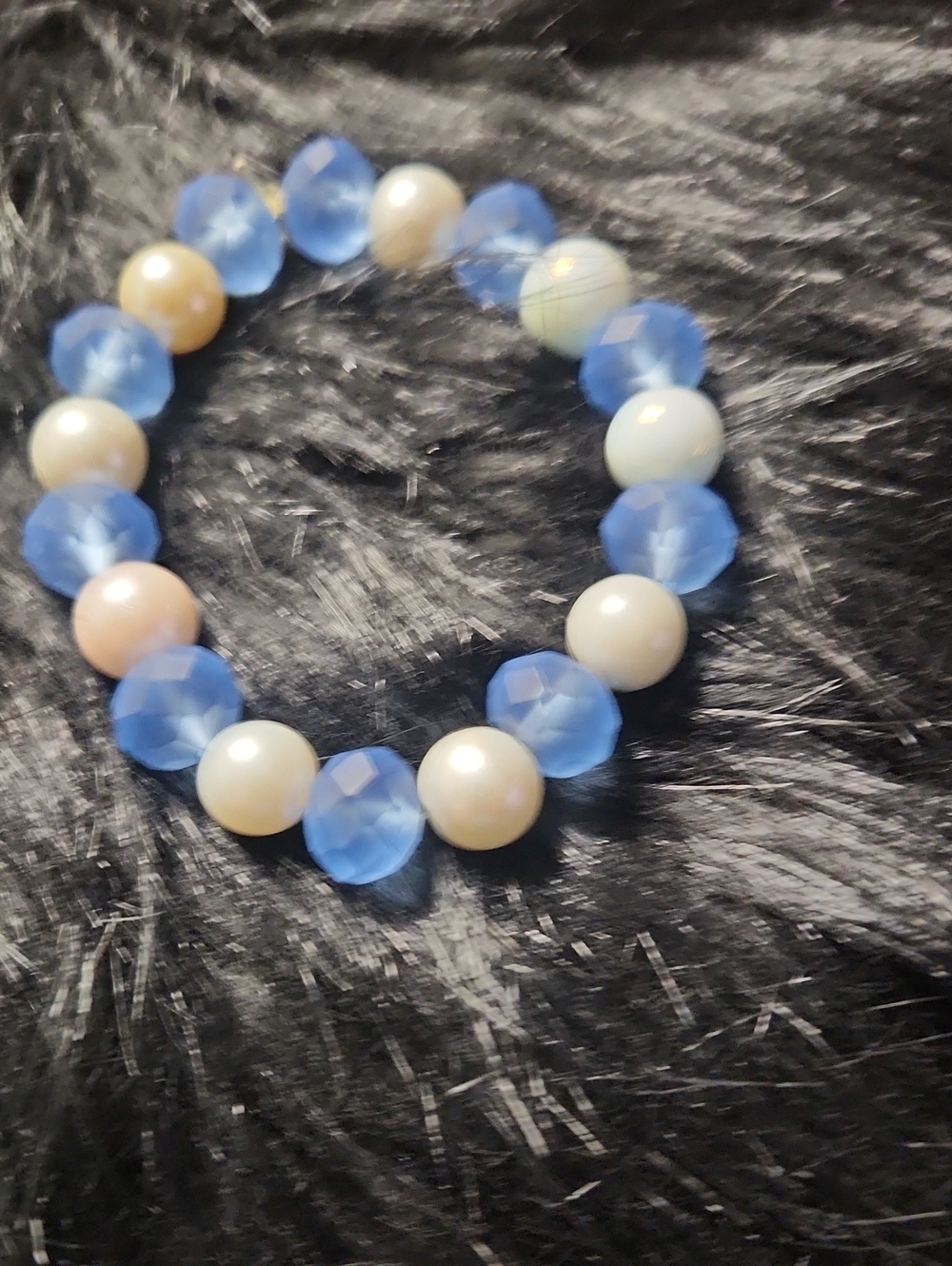Hand Crafted Blue and Cream Beaded Stretch Bracelet